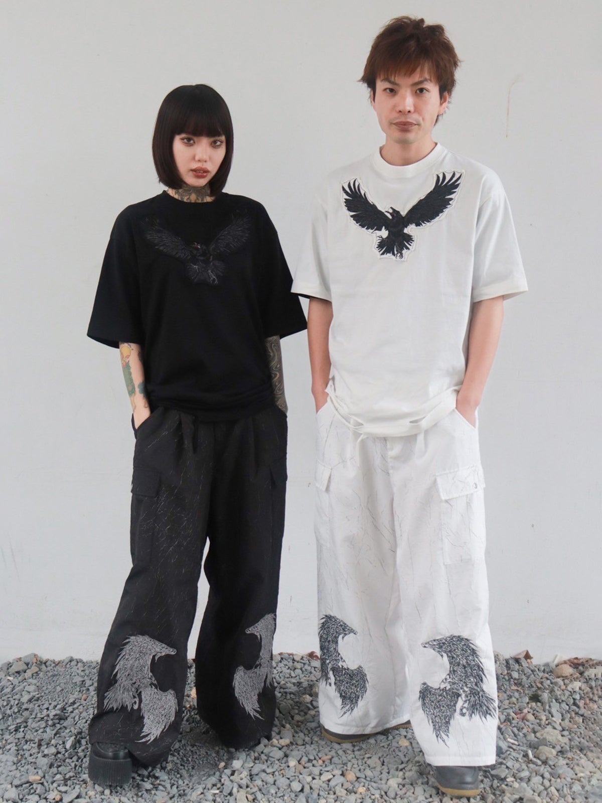 【DAKU】カラス刺繍 ダメージ加工Tシャツ
