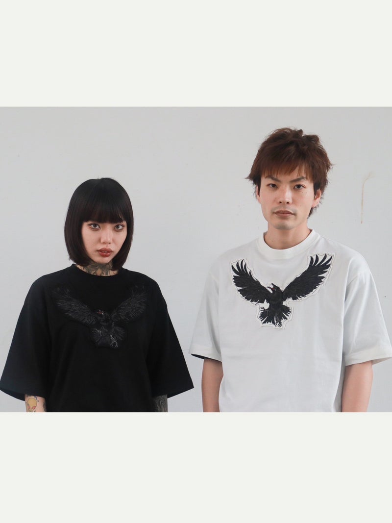 【DAKU】カラス刺繍 ダメージ加工Tシャツ