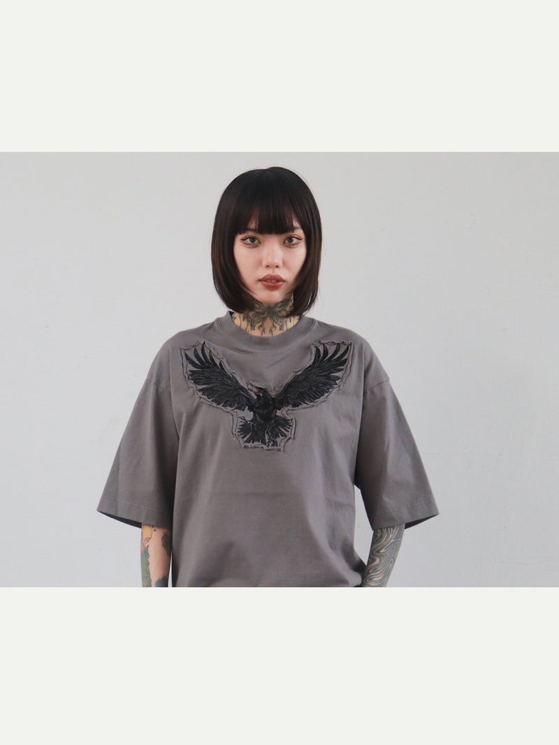 【DAKU】カラス刺繍 ダメージ加工Tシャツ