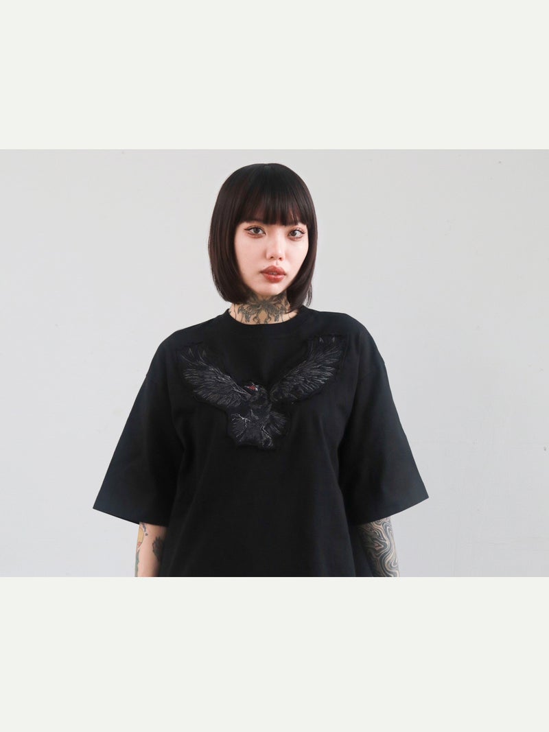 【DAKU】カラス刺繍 ダメージ加工Tシャツ