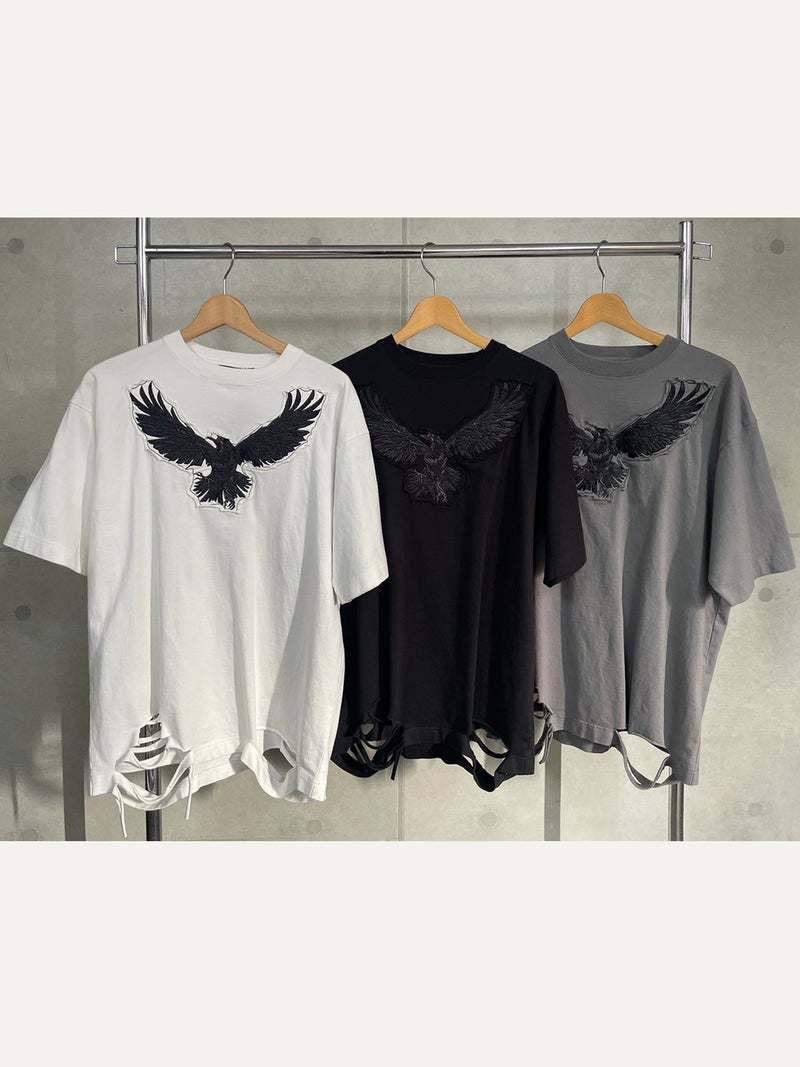 【DAKU】カラス刺繍 ダメージ加工Tシャツ