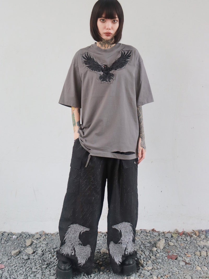 【DAKU】カラス刺繍 ダメージ加工Tシャツ