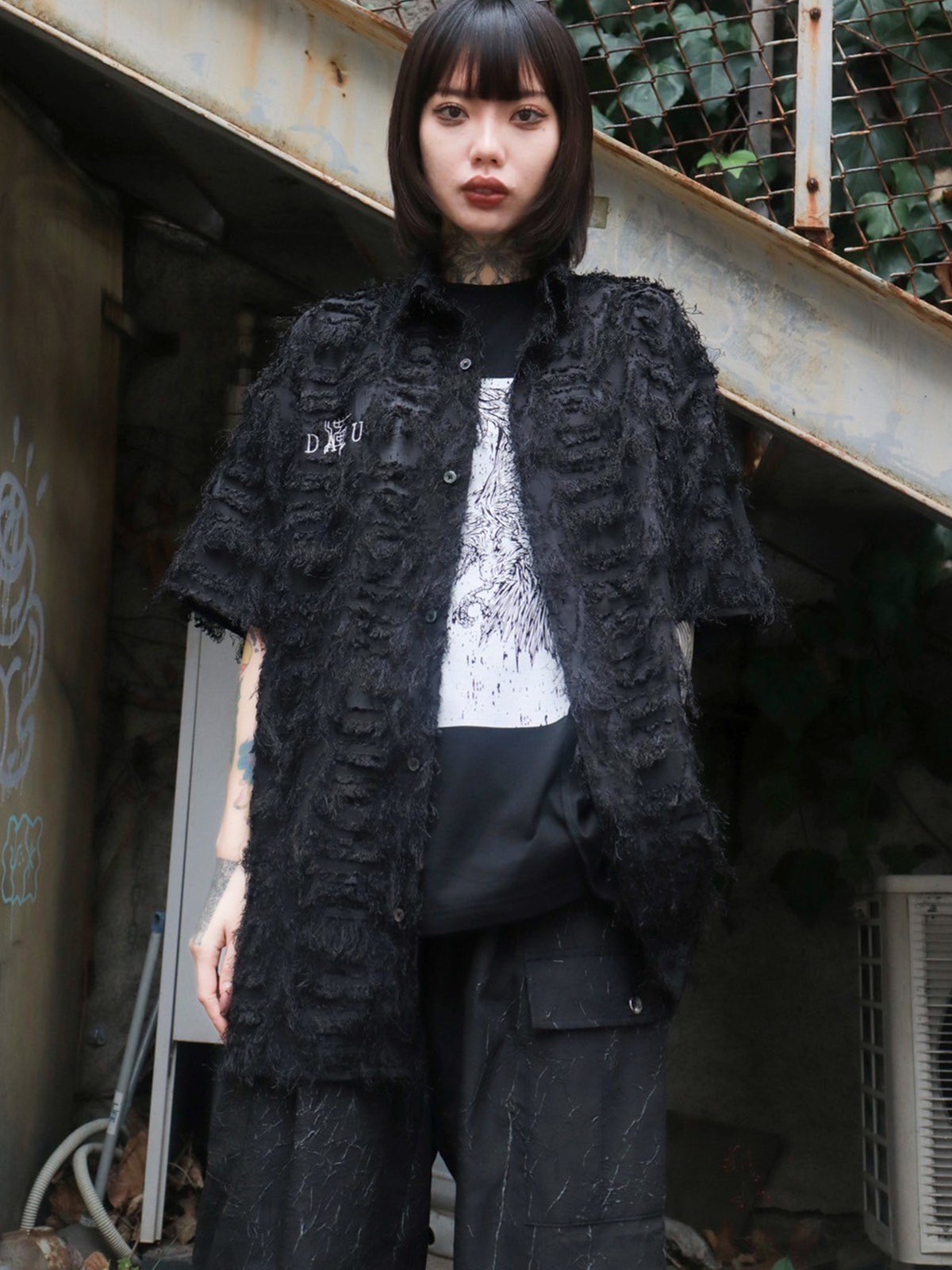 【DAKU】カラス刺繍シアー素材 半袖シャギーシャツ
