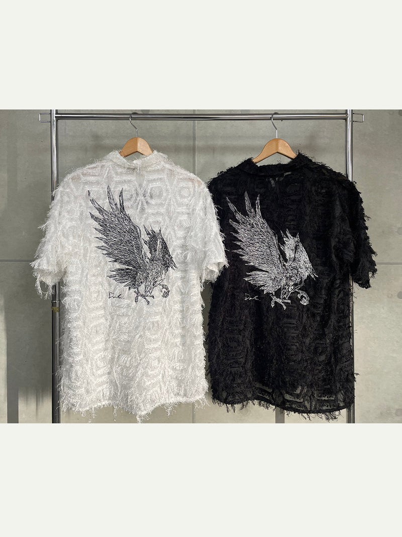 【DAKU】カラス刺繍シアー素材 半袖シャギーシャツ