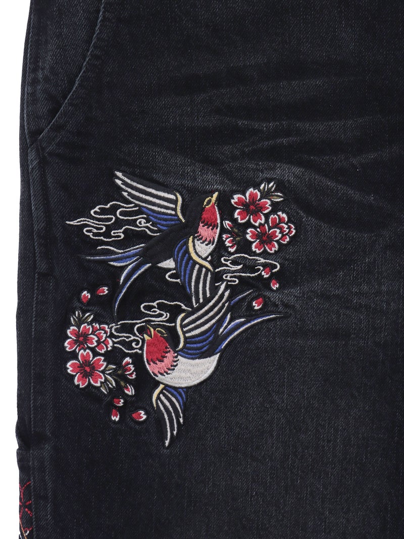 【SUMINEKO】“ツバメと振り向き猫”総刺繍デニムショーツ