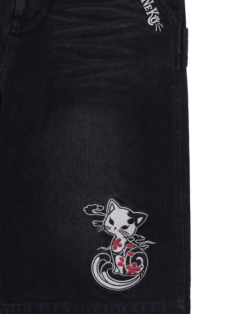 【SUMINEKO】“ツバメと振り向き猫”総刺繍デニムショーツ