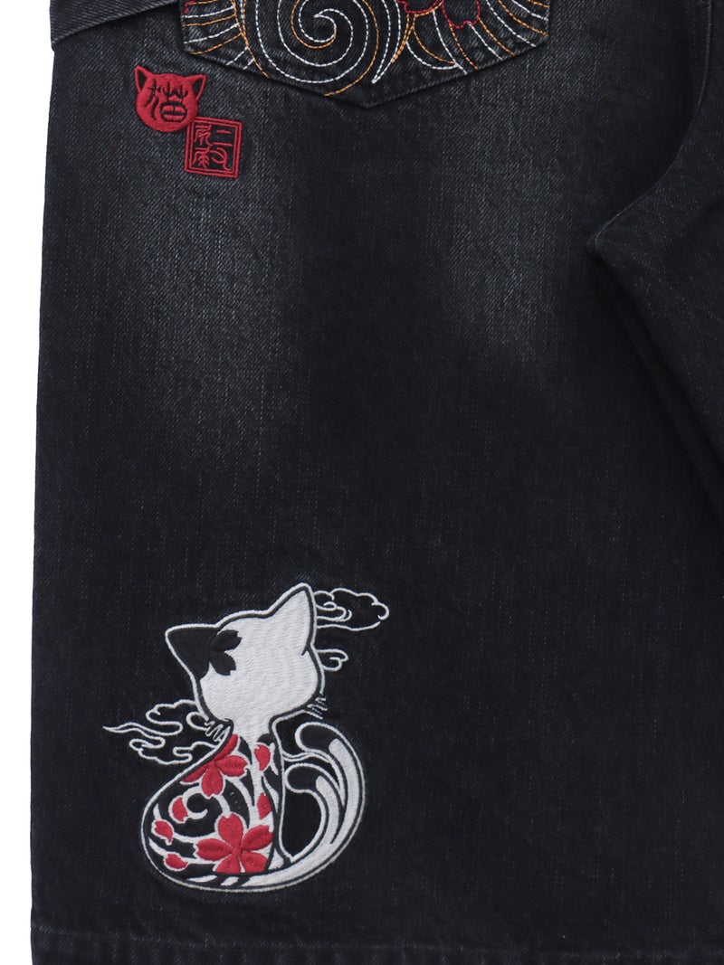 【SUMINEKO】“ツバメと振り向き猫”総刺繍デニムショーツ