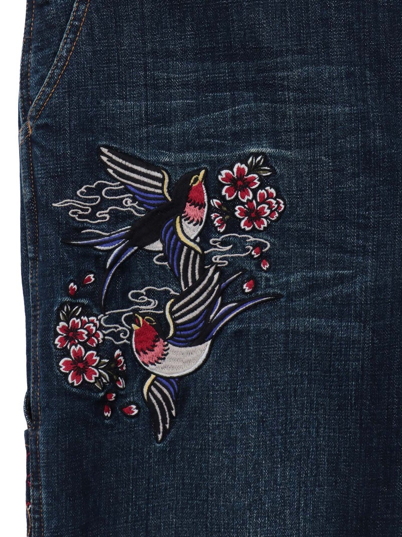 【SUMINEKO】“ツバメと振り向き猫”総刺繍デニムショーツ