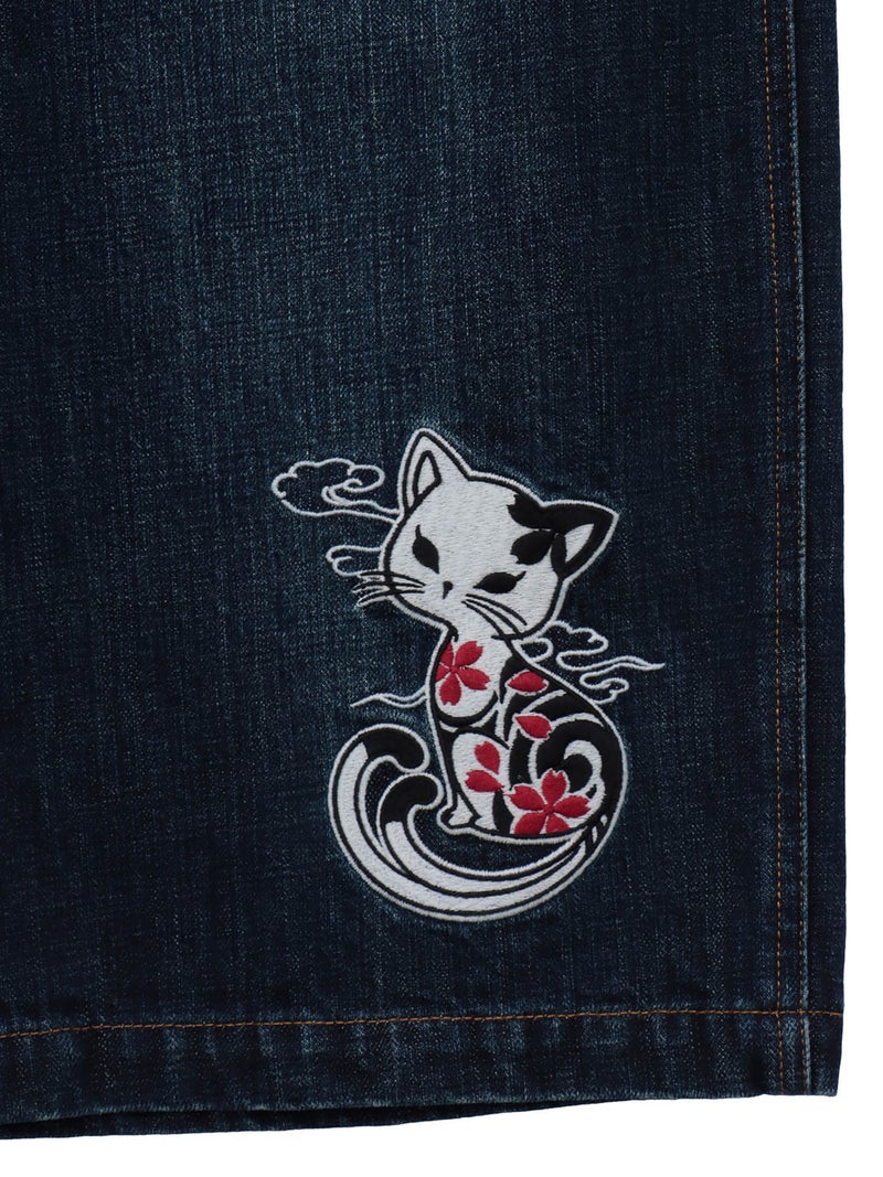 【SUMINEKO】“ツバメと振り向き猫”総刺繍デニムショーツ