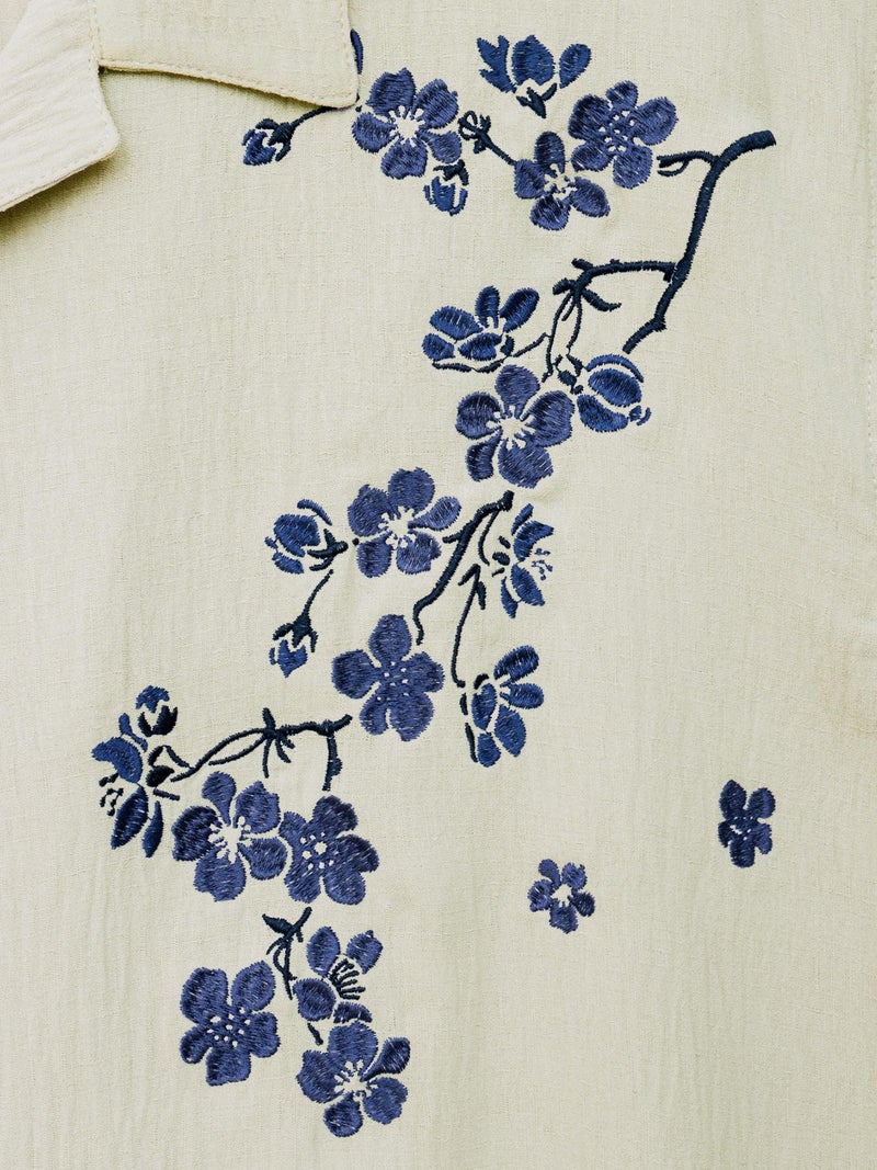 【雅結】桜刺繍 オープンカラー半袖シャツ