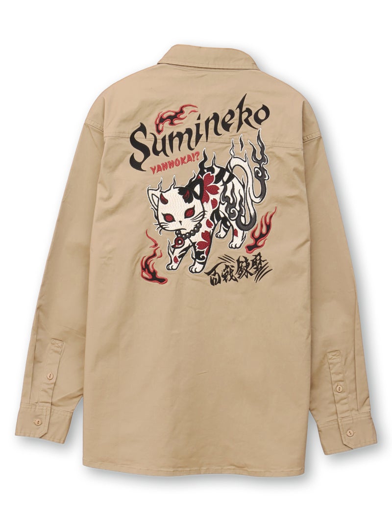 ＜秋の大予約会＞【SUMINEKO】“やんのか鬼猫”刺繍入りBIGシルエットシャツ