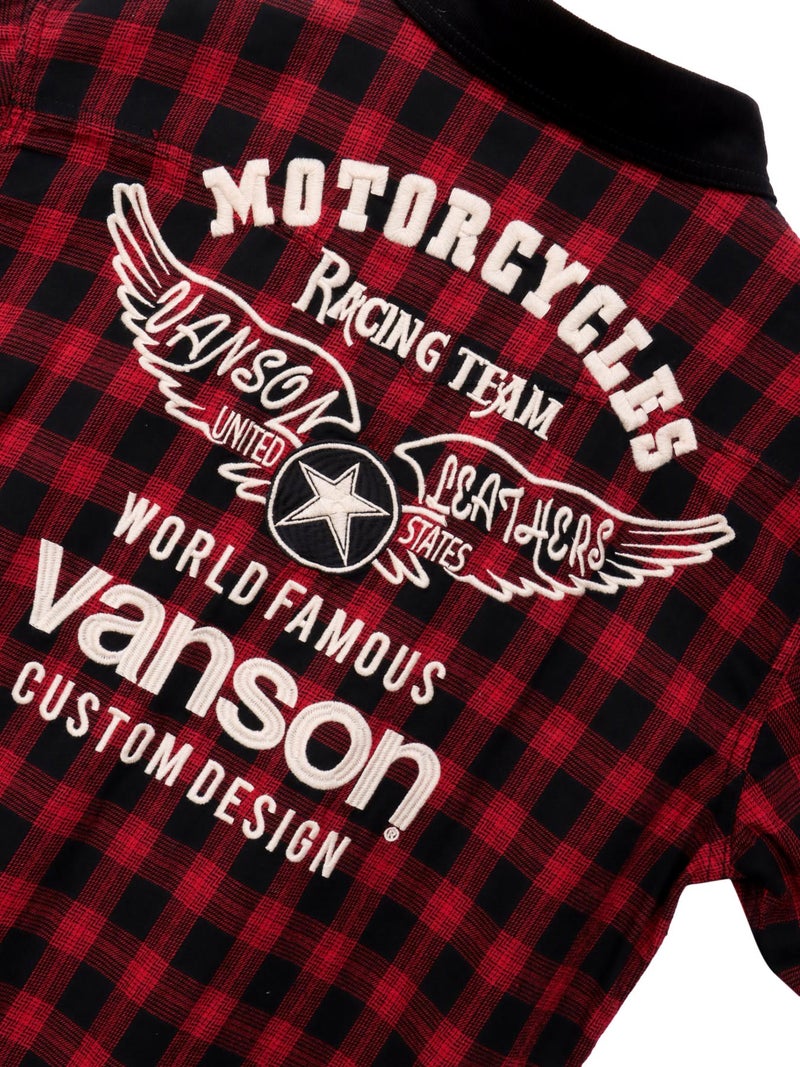 ＜秋の大予約会＞【VANSON】“ホイールウィング”刺繍入りチェックシャツ