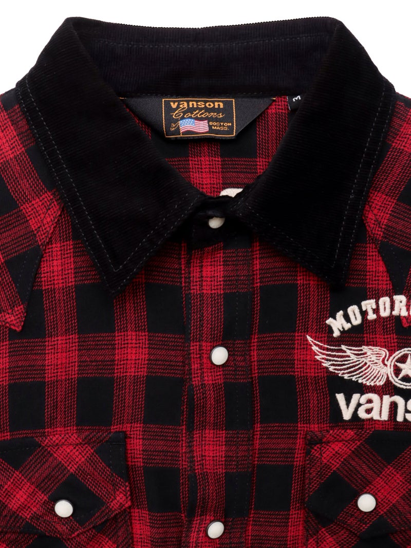 ＜秋の大予約会＞【VANSON】“ホイールウィング”刺繍入りチェックシャツ