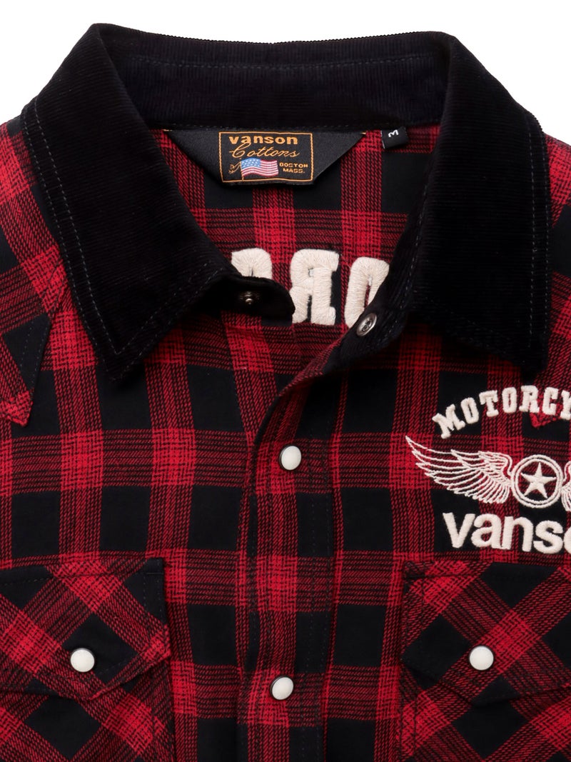 ＜秋の大予約会＞【VANSON】“ホイールウィング”刺繍入りチェックシャツ