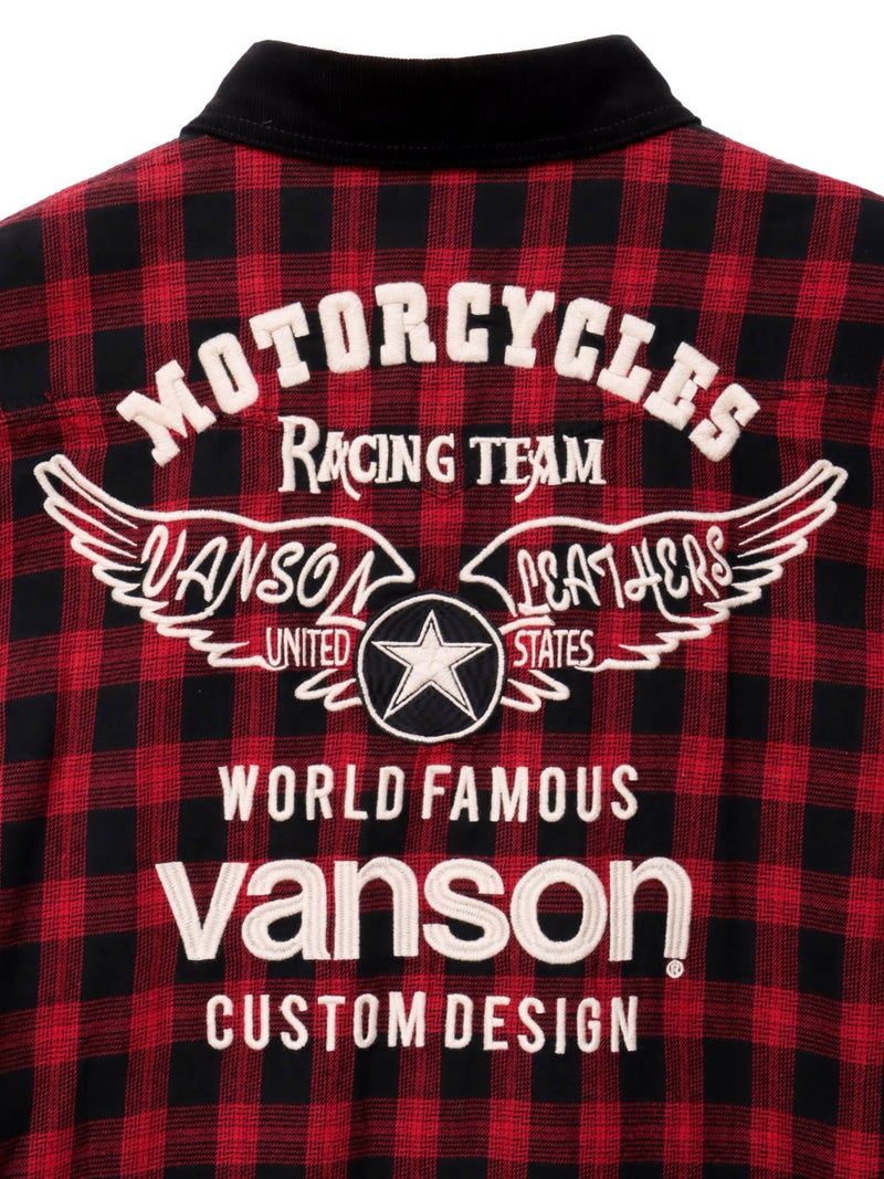 ＜秋の大予約会＞【VANSON】“ホイールウィング”刺繍入りチェックシャツ