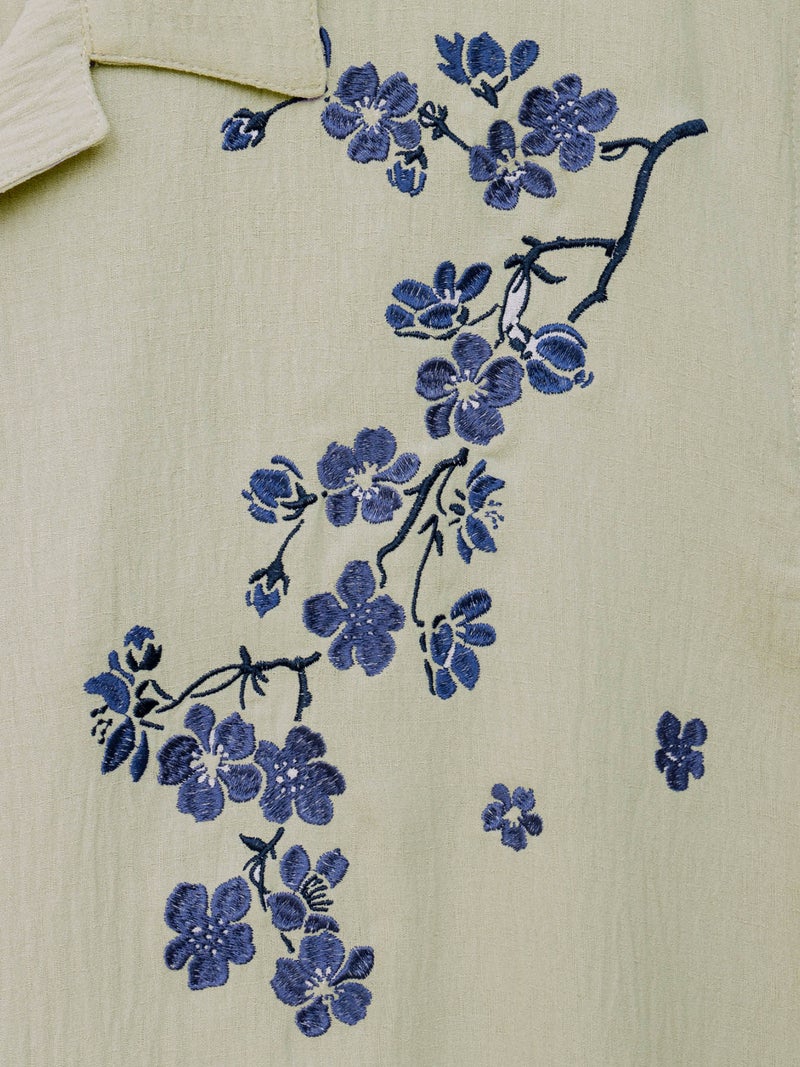 【雅結】桜刺繍 オープンカラー半袖シャツ