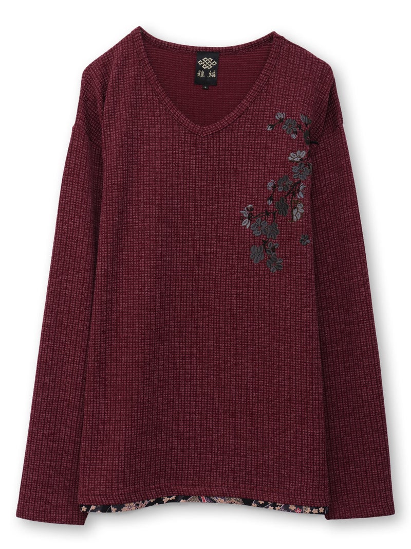 【雅結】桜刺繍 ワッフル生地VネックロンT