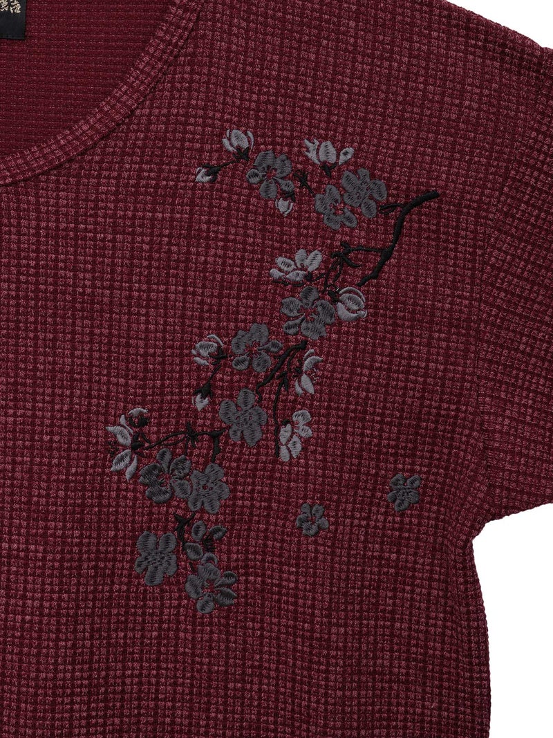 【雅結】桜刺繍 ワッフル生地VネックロンT