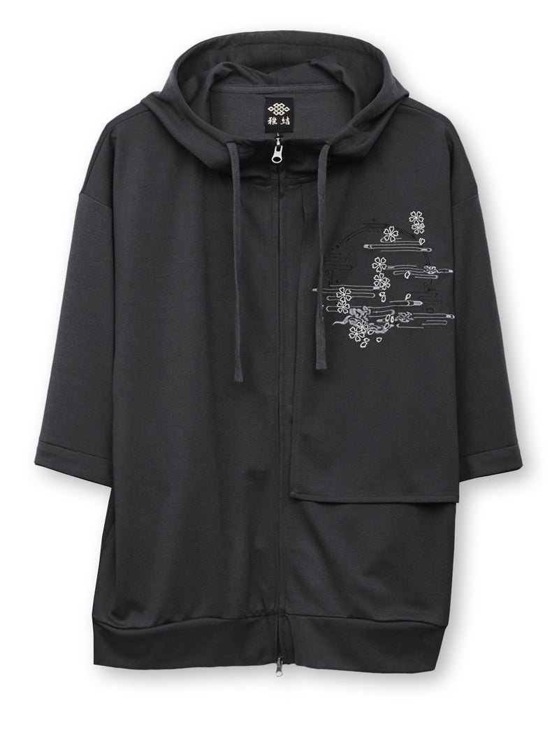 【雅結】“桜と雲”刺繍入り袖脱着ZIPパーカー
