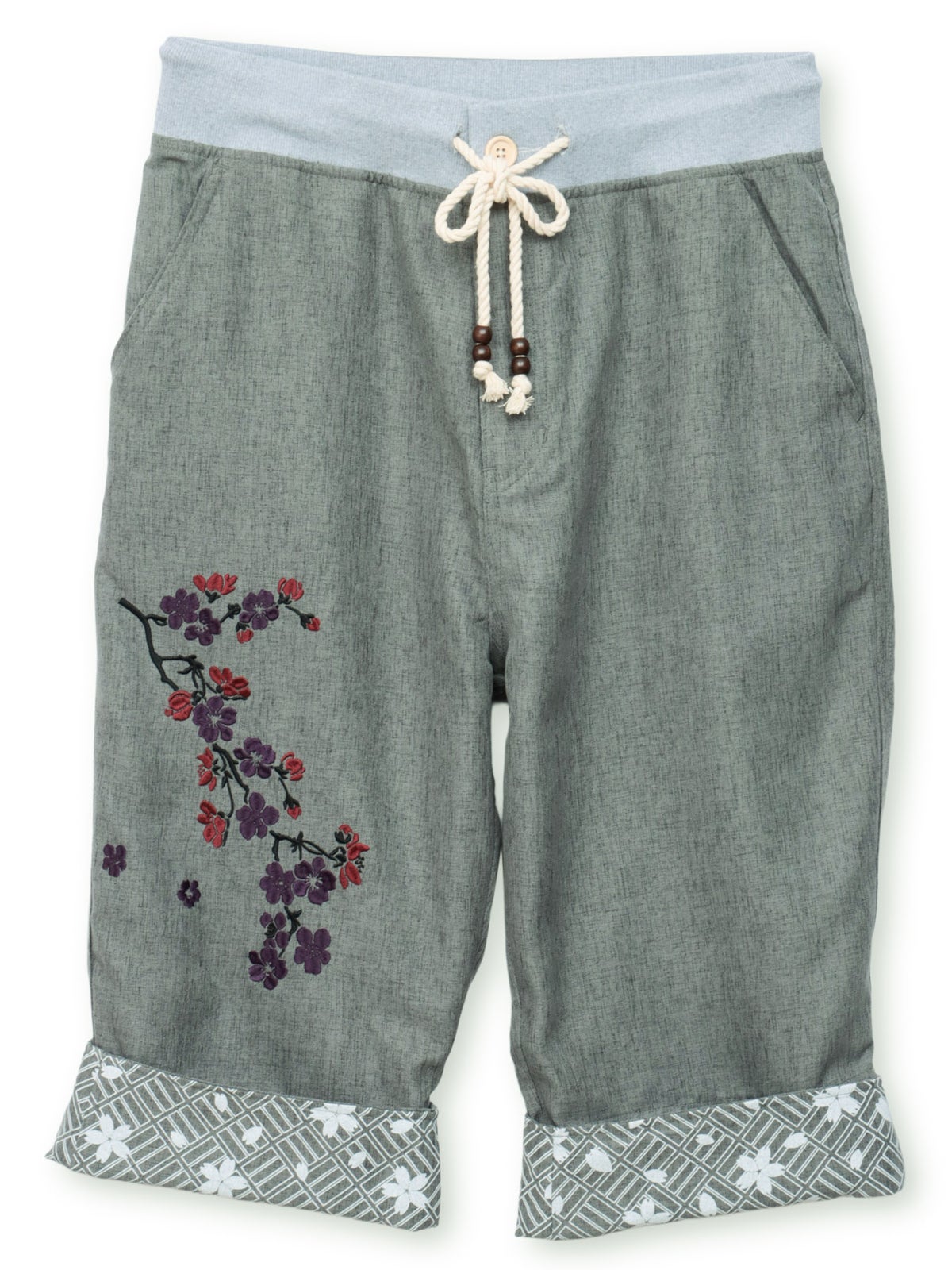 【雅結】桜刺繍シャンブレー素材クロップドパンツ