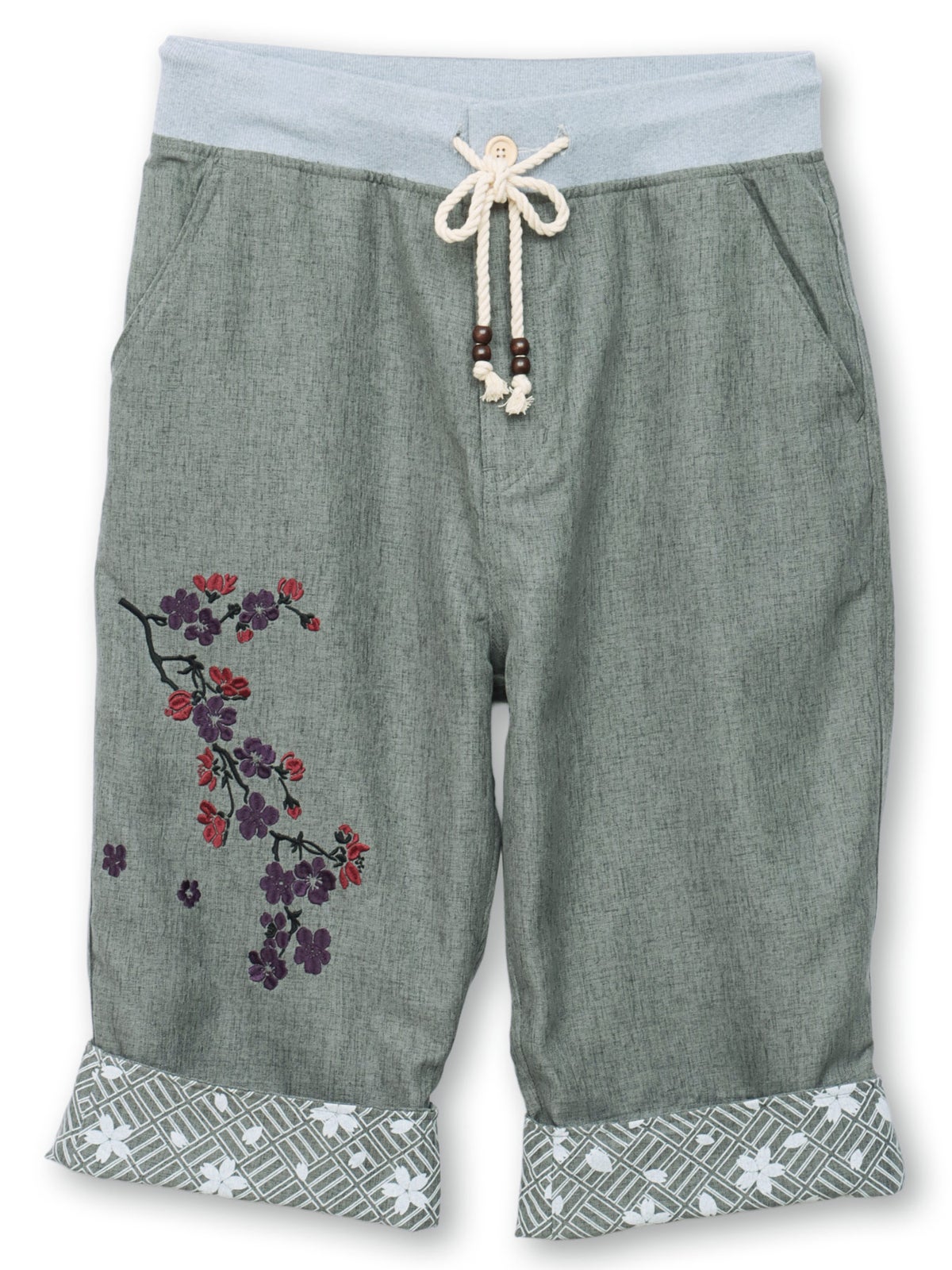 【雅結】桜刺繍シャンブレー素材クロップドパンツ