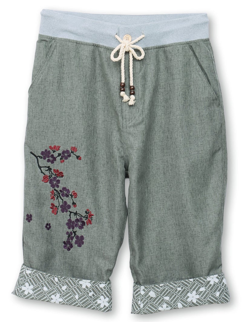 【雅結】桜刺繍シャンブレー素材クロップドパンツ