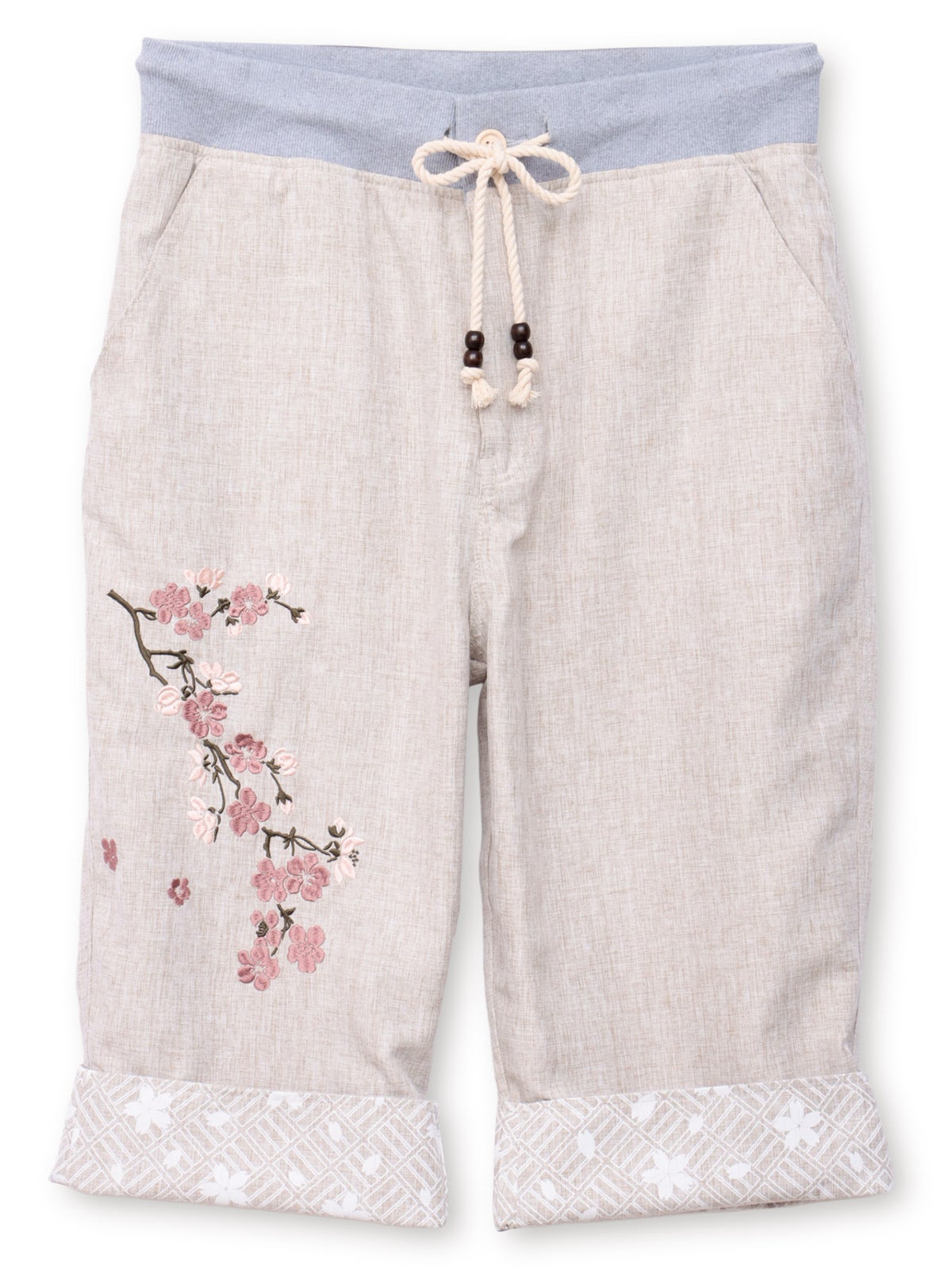 【雅結】桜刺繍シャンブレー素材クロップドパンツ
