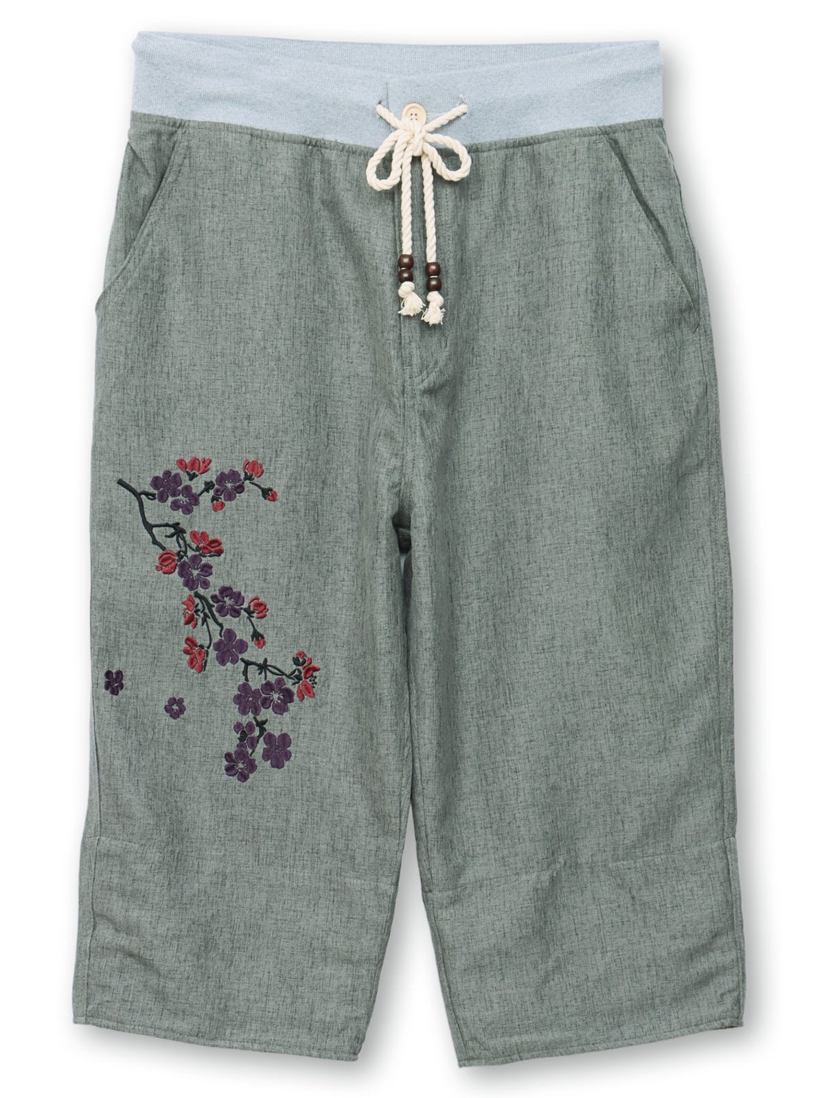 【雅結】桜刺繍シャンブレー素材クロップドパンツ