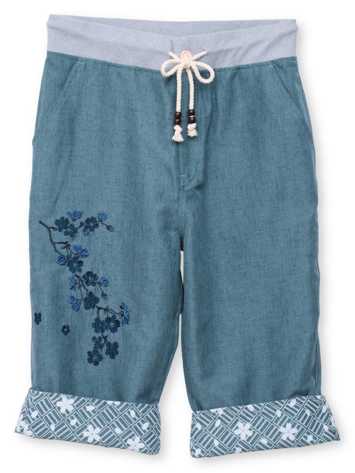 【雅結】桜刺繍シャンブレー素材クロップドパンツ