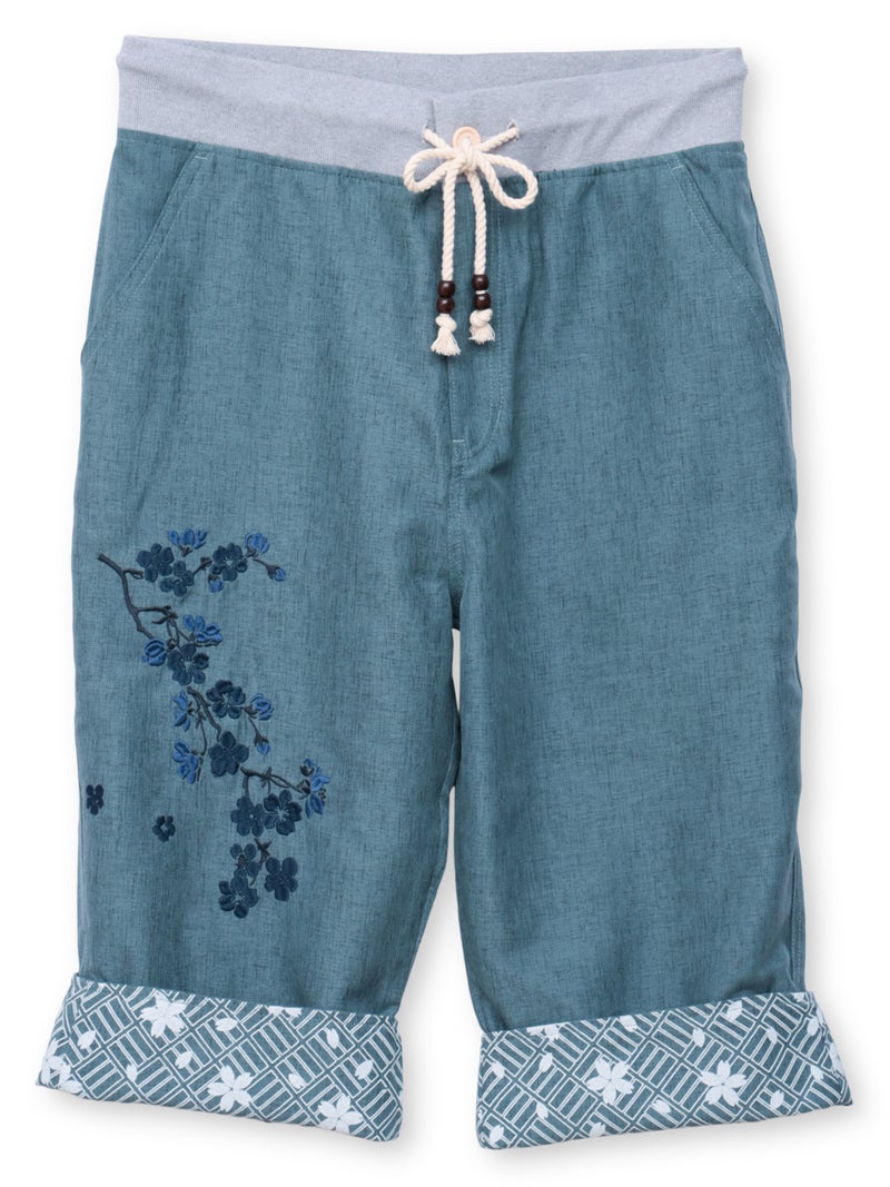 【雅結】桜刺繍シャンブレー素材クロップドパンツ