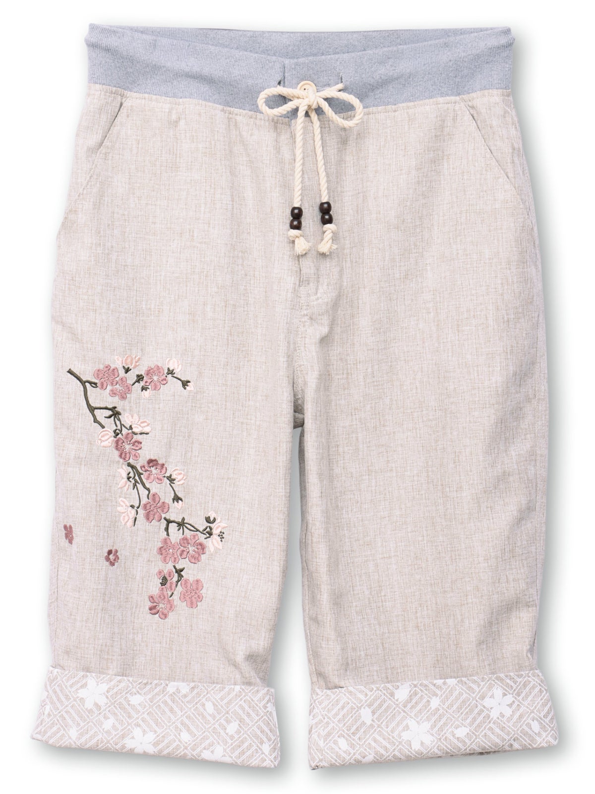 【雅結】桜刺繍シャンブレー素材クロップドパンツ