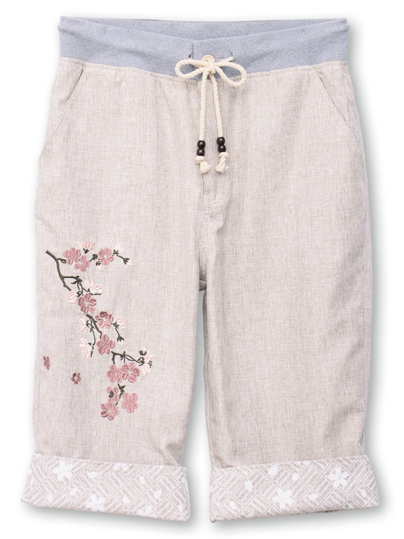 【雅結】桜刺繍シャンブレー素材クロップドパンツ