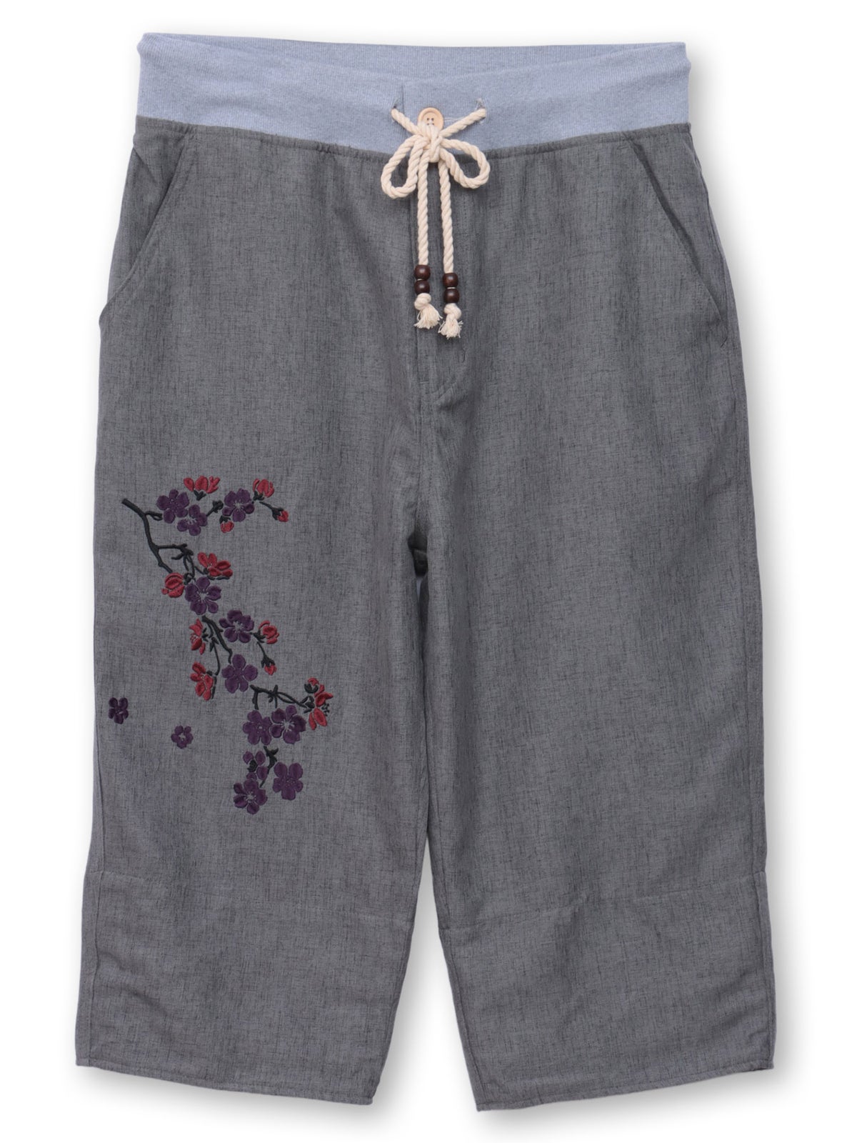【雅結】桜刺繍シャンブレー素材クロップドパンツ
