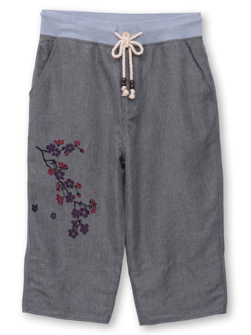 【雅結】桜刺繍シャンブレー素材クロップドパンツ
