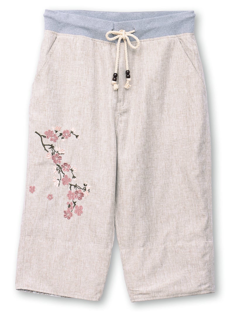 【雅結】桜刺繍シャンブレー素材クロップドパンツ
