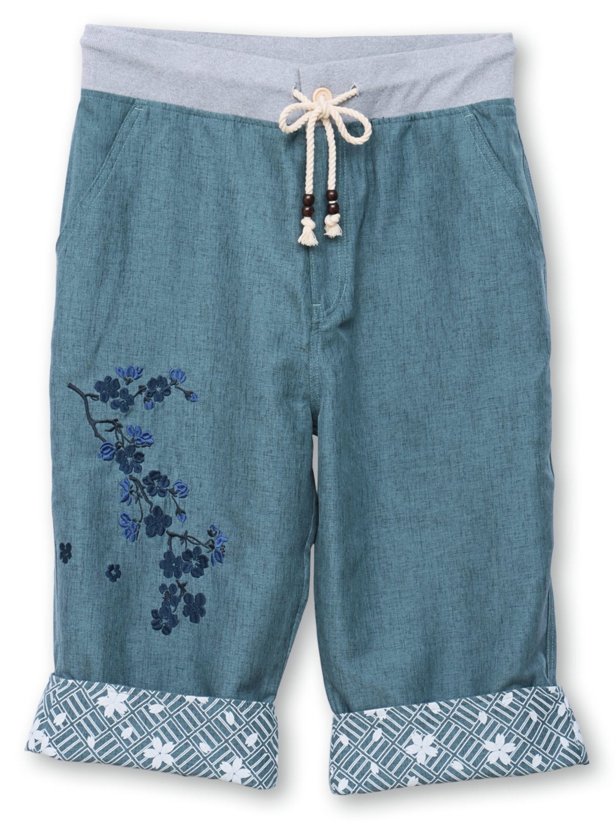 【雅結】桜刺繍シャンブレー素材クロップドパンツ
