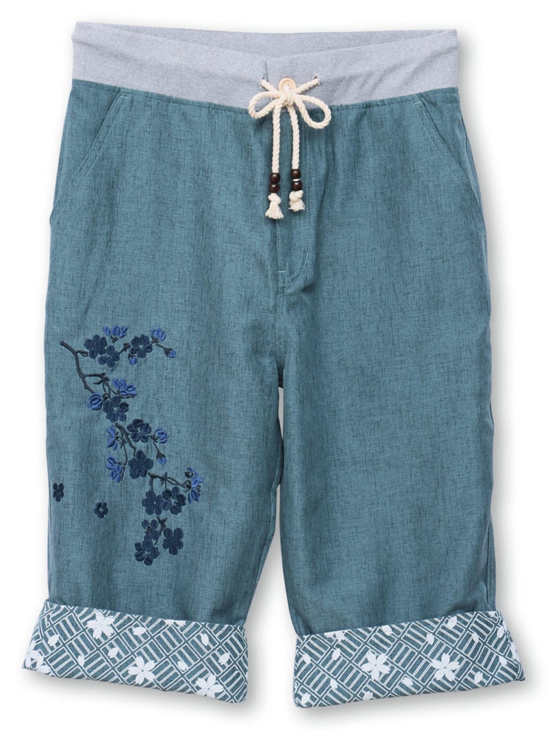 【雅結】桜刺繍シャンブレー素材クロップドパンツ