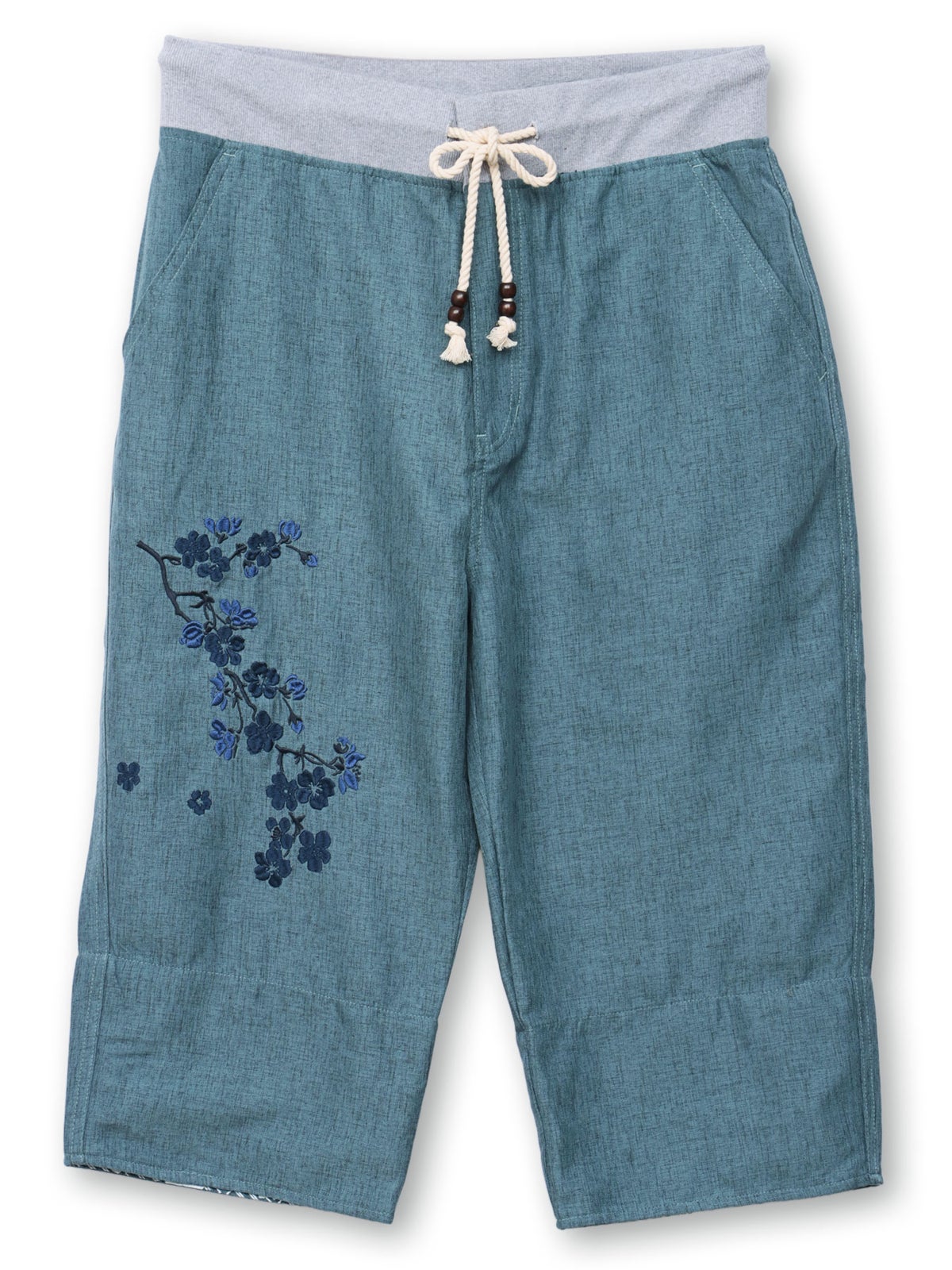 【雅結】桜刺繍シャンブレー素材クロップドパンツ