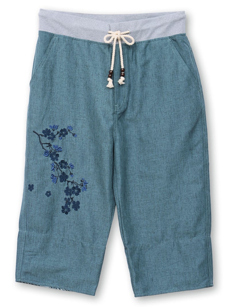 【雅結】桜刺繍シャンブレー素材クロップドパンツ