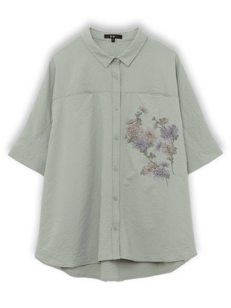 【雅結】菊刺繍サッカー素材ドルマンシャツ≪
