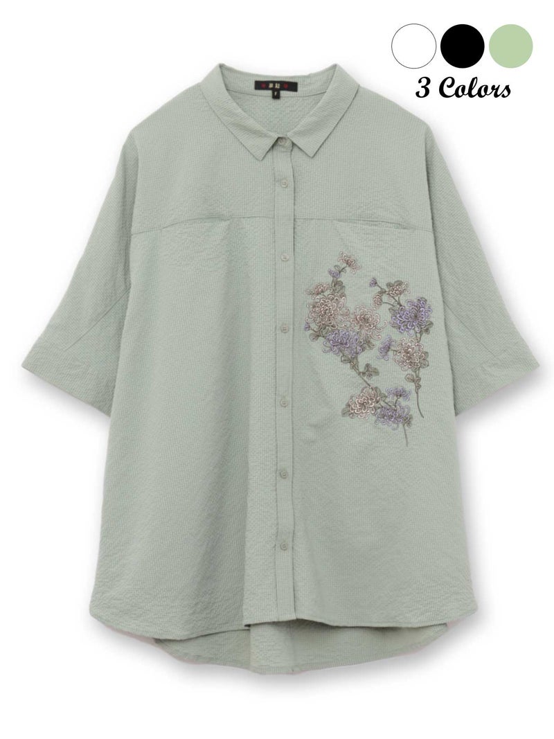 【雅結】菊刺繍サッカー素材ドルマンシャツ≪