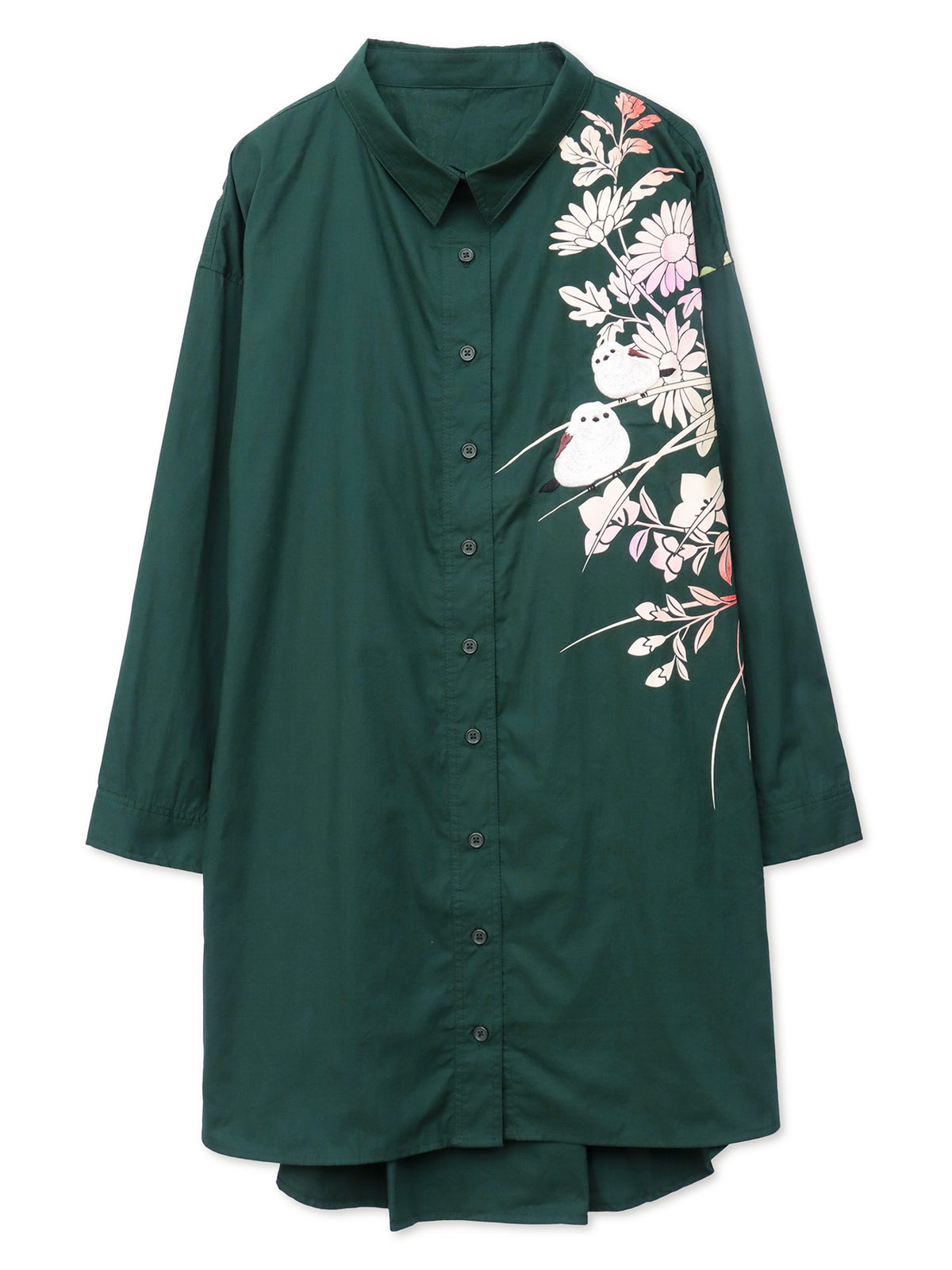 【雅結×錦】“シマエナガと秋の草花”刺繍入りロングシャツ〔別注〕