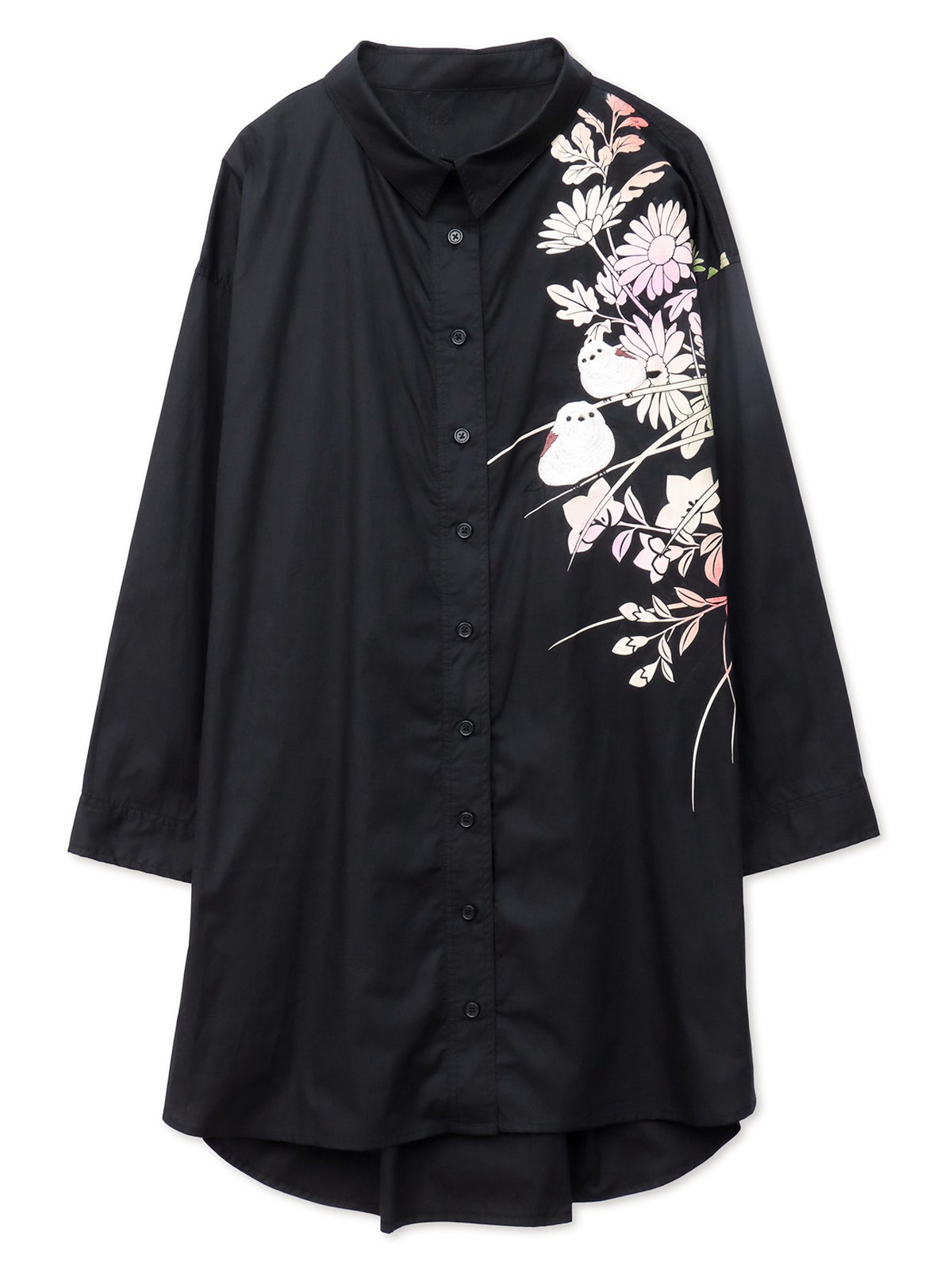 【雅結×錦】“シマエナガと秋の草花”刺繍入りロングシャツ〔別注〕