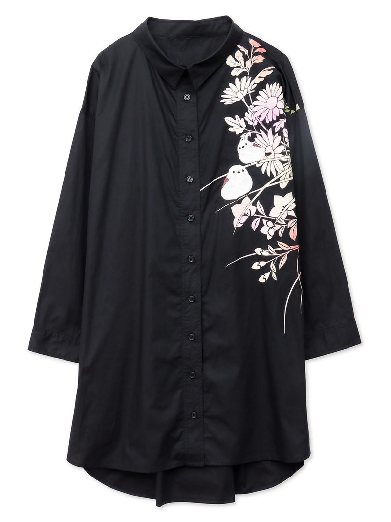 【雅結×錦】“シマエナガと秋の草花”刺繍入りロングシャツ〔別注〕