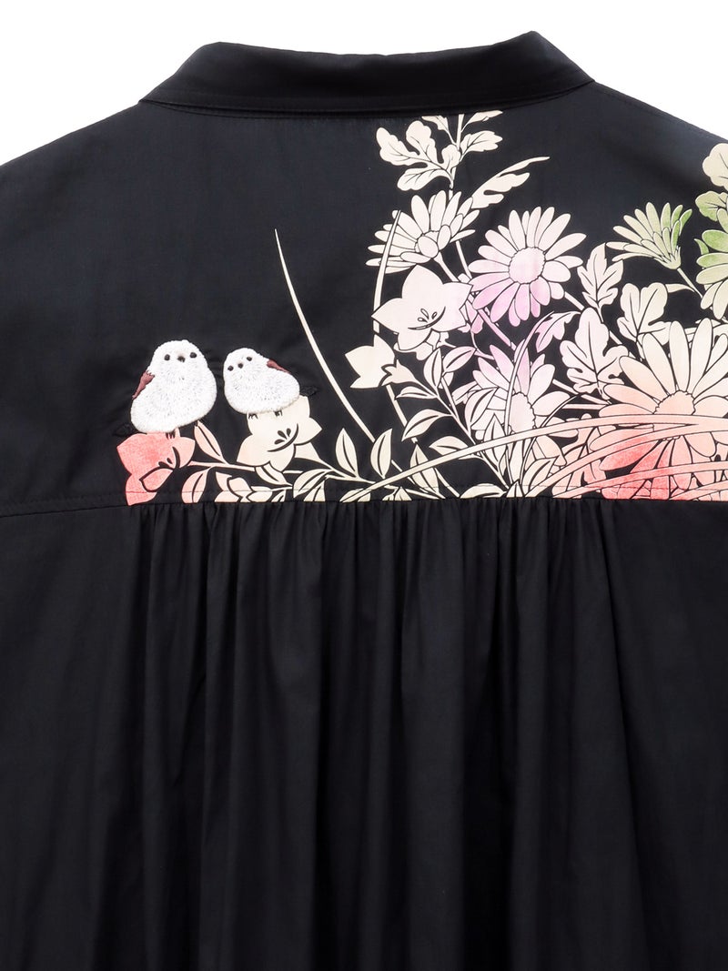 【雅結×錦】“シマエナガと秋の草花”刺繍入りロングシャツ〔別注〕
