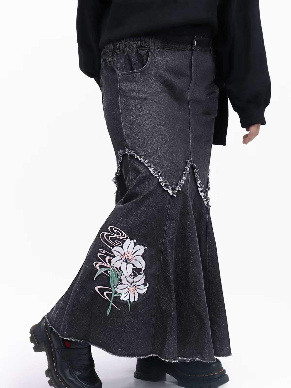 【雅結】百合刺繍デニムマーメイドスカート