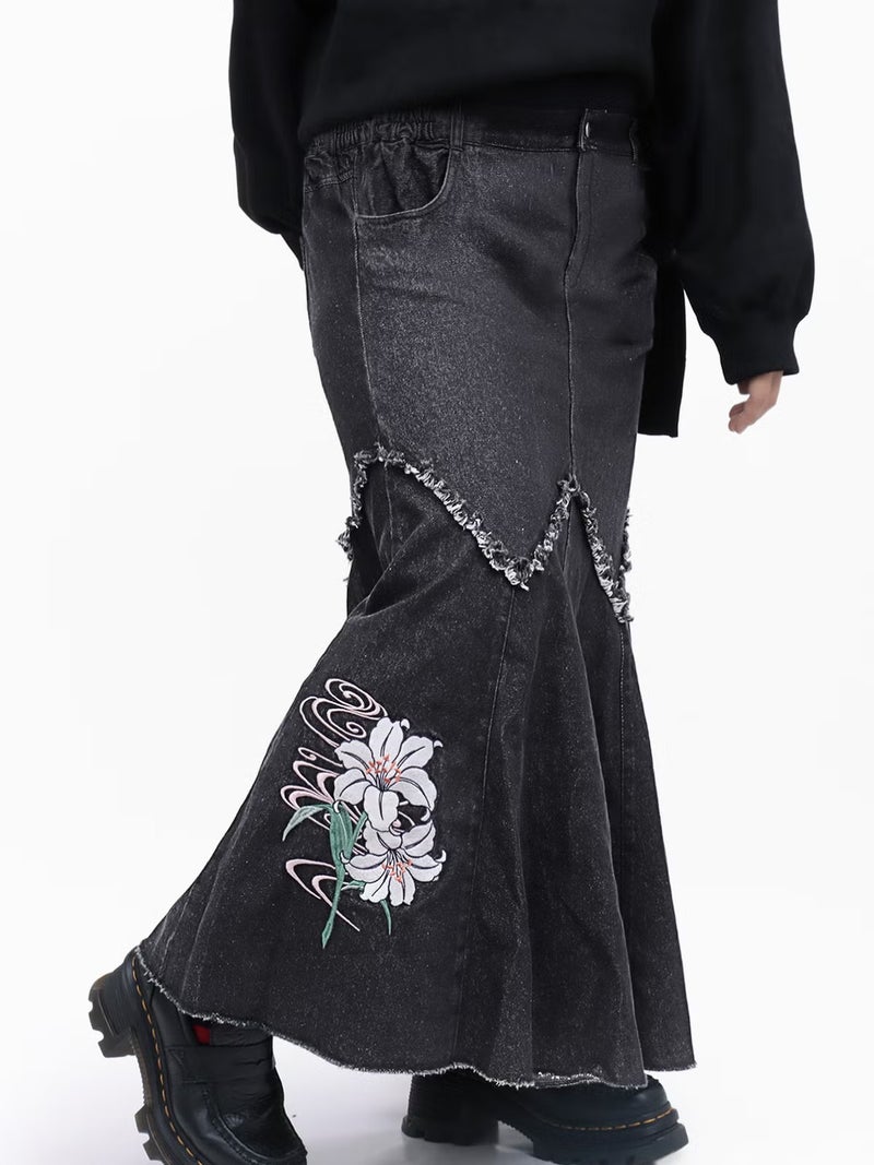 【雅結】百合刺繍デニムマーメイドスカート