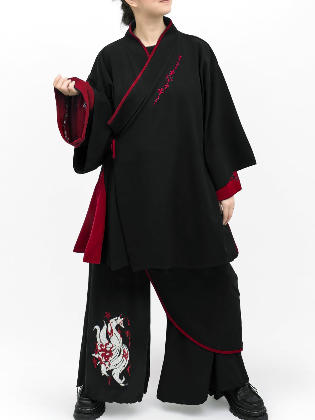 【雅結 -EN-】“九尾”刺繍入りキモノスリーブ8分袖 変形シャツ