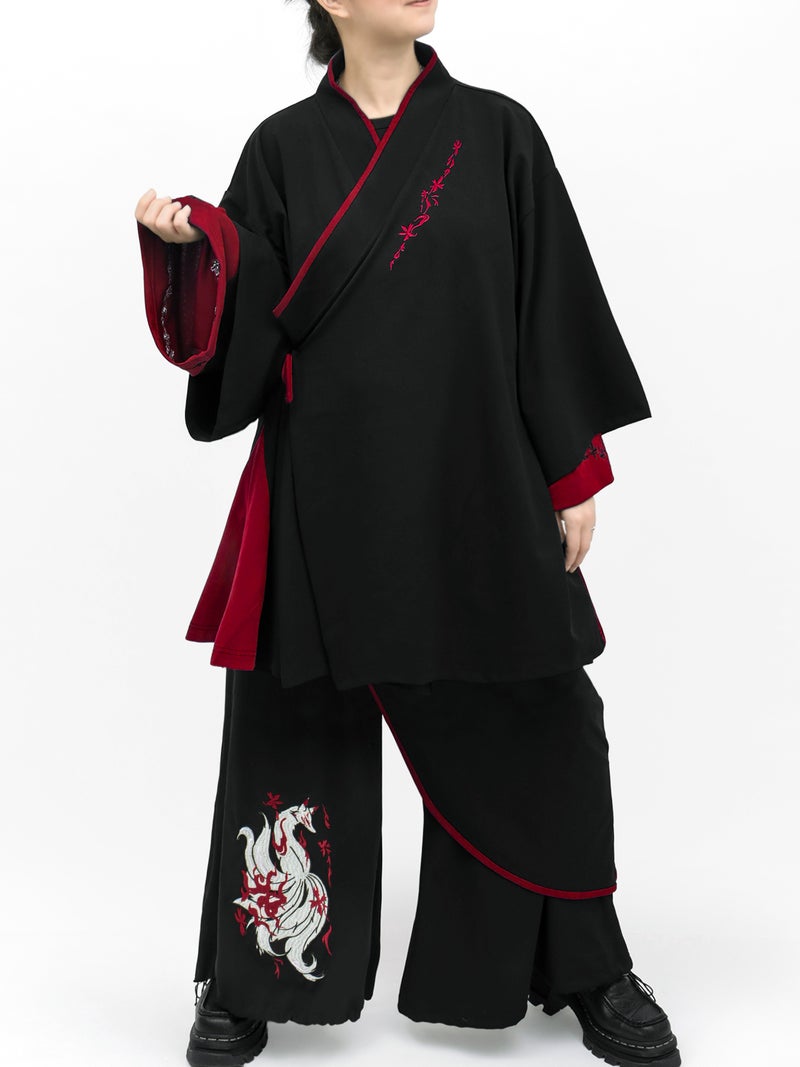 【雅結 -EN-】“九尾”刺繍入りキモノスリーブ8分袖 変形シャツ