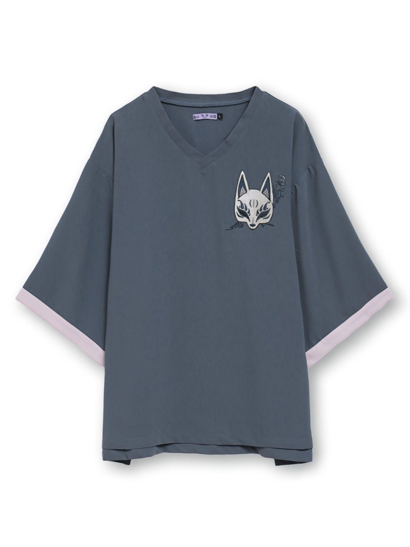 【雅結 -EN-】“狐面”総刺繍キモノスリーブ5分袖変形Tシャツ